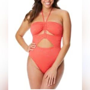 EUC Jessica Simpson Womens Ruched Front Halter One-Piece Swimsuit